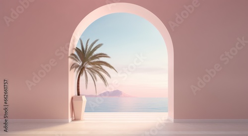 Abstract architectural design on the backdrop of the ocean with sunset and sunrise on the beach. Bright arches in the wall overlooking the sea and tropical palm trees - card for travel.  