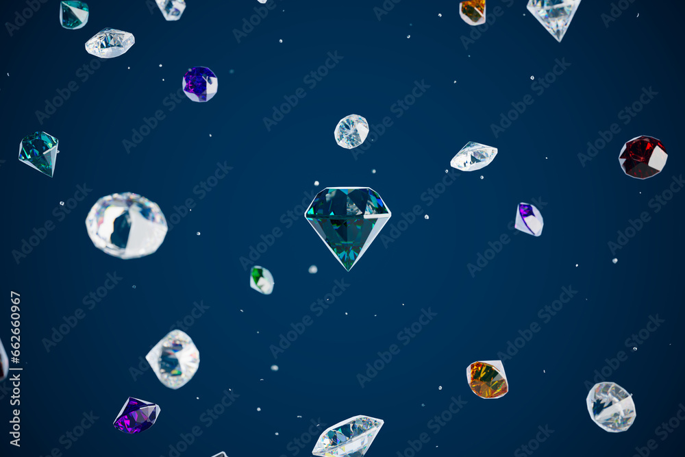 Fototapeta premium Colorful gemstones and diamonds round cutted in brilliant shape slowly falling.