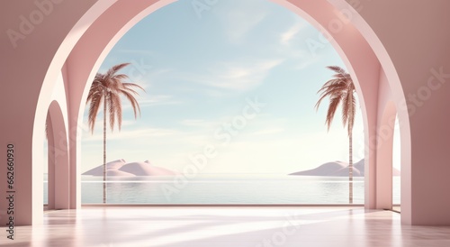 Abstract architectural design on the backdrop of the ocean with sunset and sunrise on the beach. Bright arches in the wall overlooking the sea and tropical palm trees - card for travel.   © Jools_art
