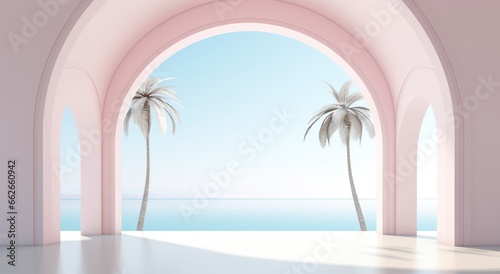 Abstract architectural design on the backdrop of the ocean with sunset and sunrise on the beach. Bright arches in the wall overlooking the sea and tropical palm trees - card for travel.  