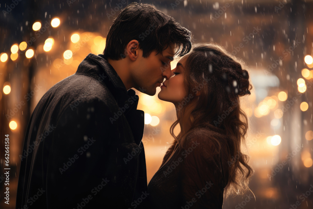 Passionate Kiss under Festive Lights Passionate Kiss under Festive Lights