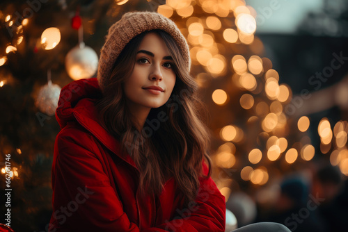 Radiant Young Woman by the Christmas Tree