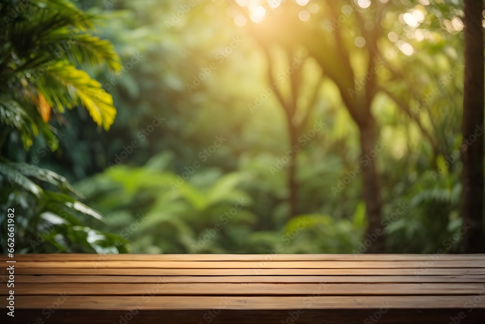Empty wood table top with blur jungle background with bokeh light. Generative AI.