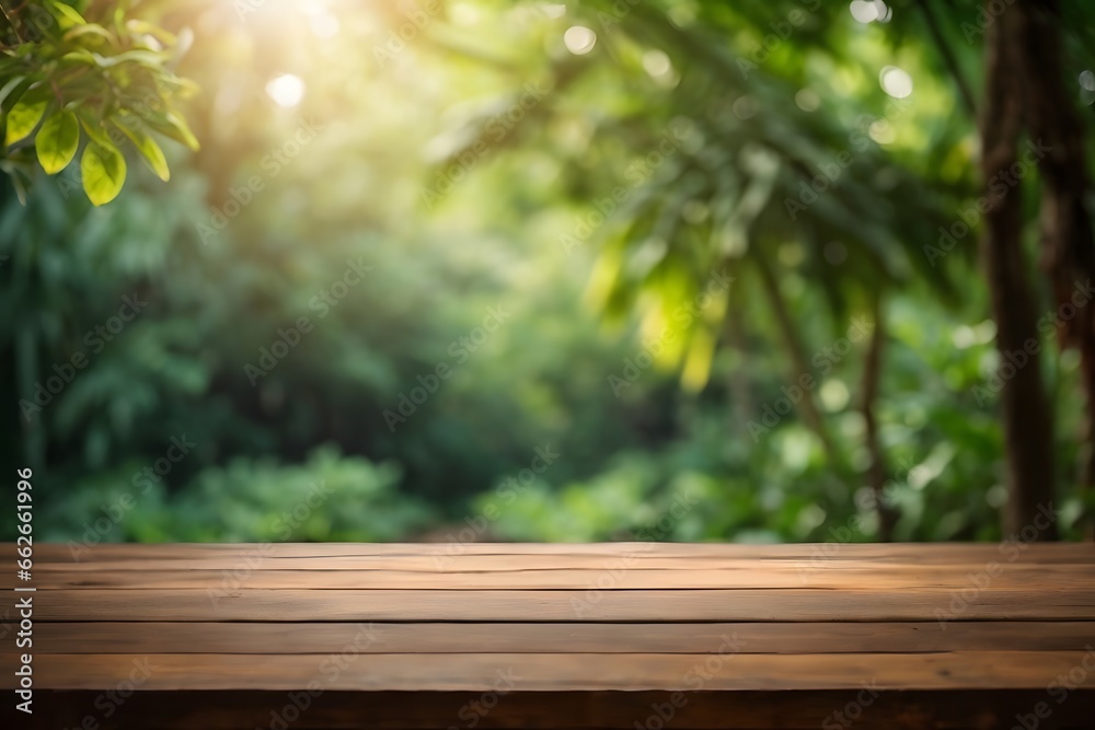 Empty wood table top with blur jungle background with bokeh light. Generative AI. Empty wood table top with blur jungle background with bokeh light. Generative AI.