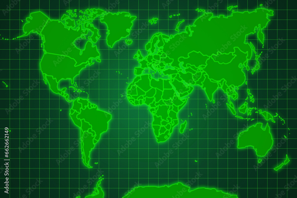 World map on a green grid screen
