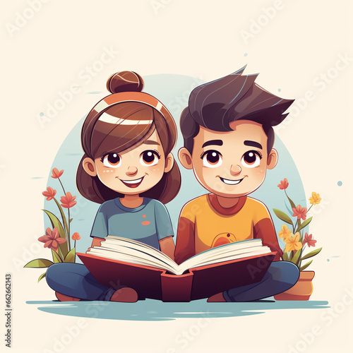 flat desing Cute boy and girl are relaxing and enjoying reading books