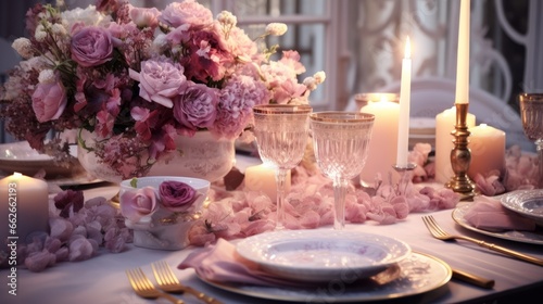 A beautifully set table for a formal dinner with elegant candles and fresh flowers
