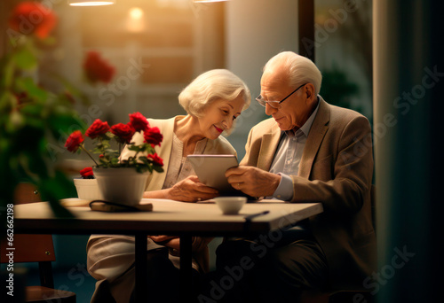 An elderly couple at a table in a cafe.