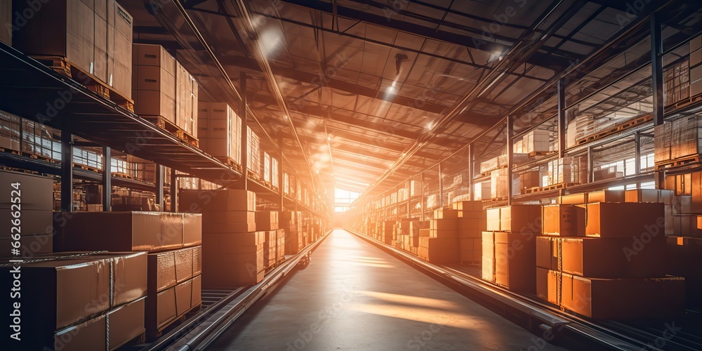 AI Generated. AI Generative. Modern warehouse room indoor box at sunset. Shipping logistic storage space. Graphic Art AI Generated. AI Generative. Modern warehouse room indoor box at sunset. Shipping logistic storage space. Graphic Art