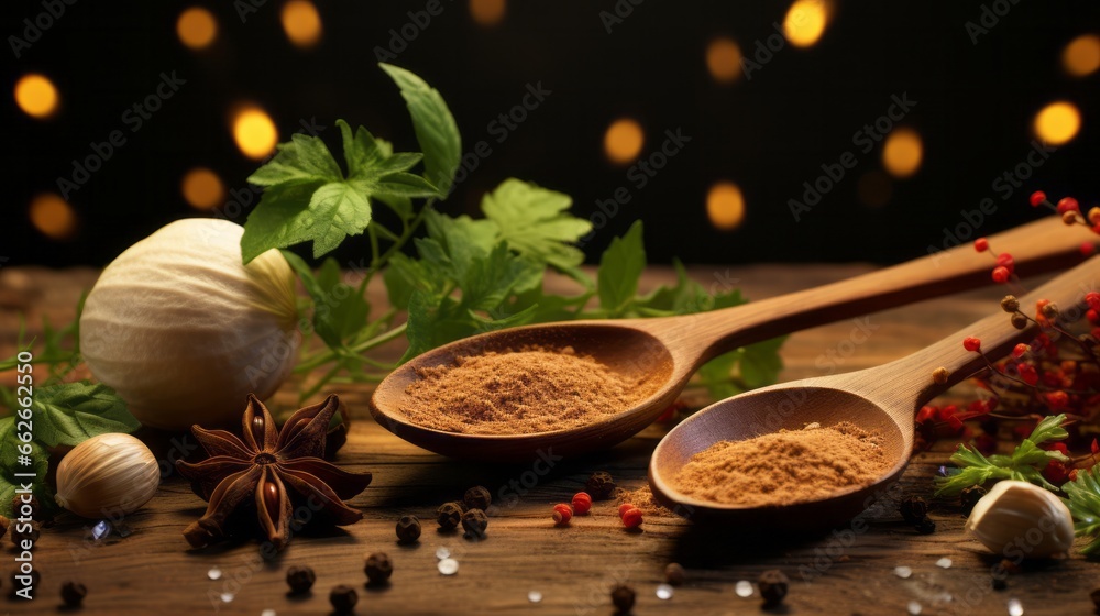 A pair of wooden spoons filled with aromatic spices A pair of wooden spoons filled with aromatic spices