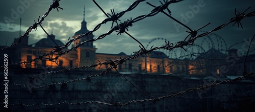 Barracks observed beyond the fencing With copyspace for text