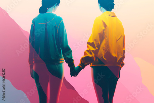 Two girls hold hands.