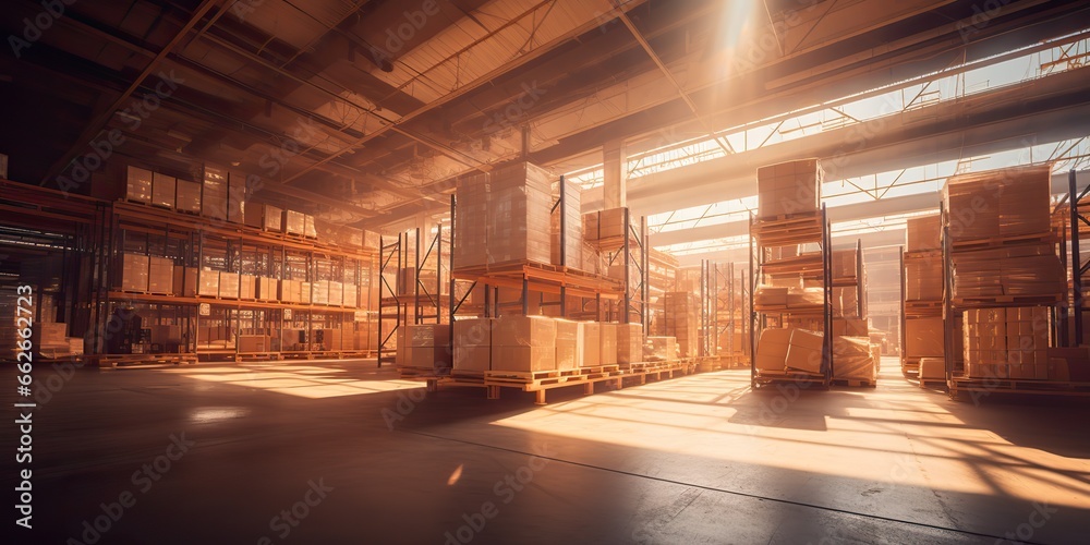 AI Generated. AI Generative. Modern warehouse room indoor box at sunset. Shipping logistic storage space. Graphic Art AI Generated. AI Generative. Modern warehouse room indoor box at sunset. Shipping logistic storage space. Graphic Art