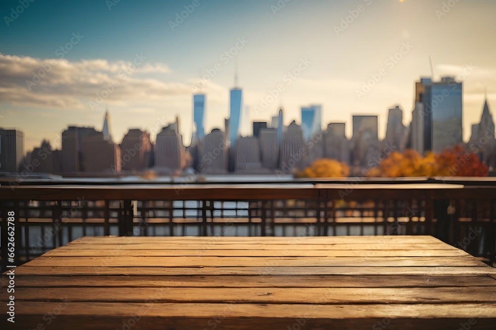 Empty wooden table top with manhattan view form Brooklyn in background with bokeh autumn sunlight. Geneartive Ai. Empty wooden table top with manhattan view form Brooklyn in background with bokeh autumn sunlight. Geneartive Ai.