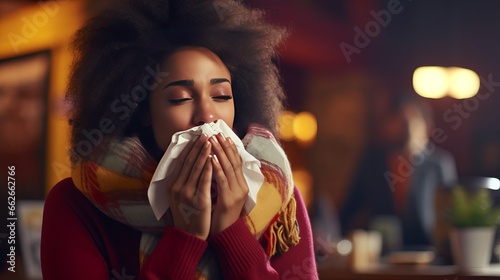 A woman in a red sweater blowing her nose photo