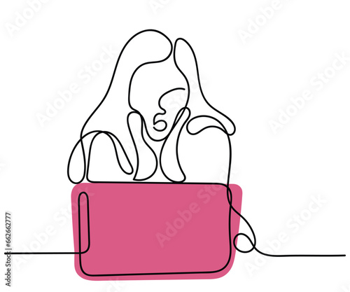 over worked woman in corporate line  art vector. Cyber bullying concept. Isolated art of a girl worried and frustrated. cyber .Child abuse concept. Little girl sitting on sofa with laptop. Cyberbullyi
