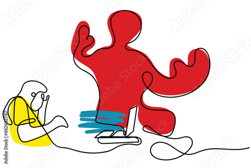 over worked woman in corporate line  art vector. Cyber bullying concept. Isolated art of a girl worried and frustrated. cyber .Child abuse concept. Little girl sitting on sofa with laptop. Cyberbullyi