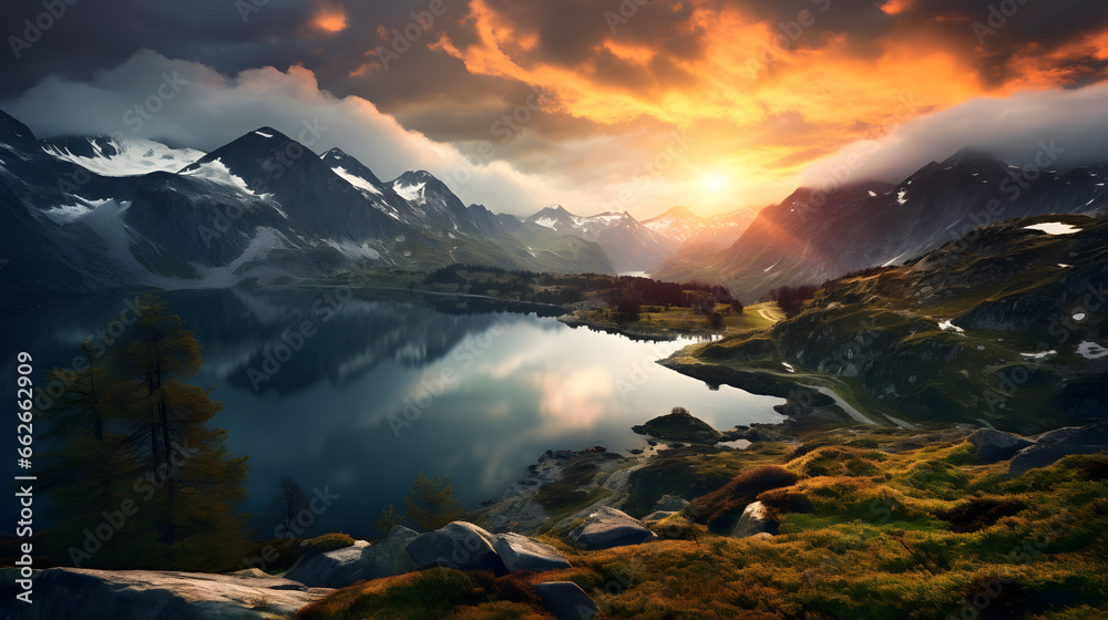 A photography of a awesome mountain landscape with lake and sunset