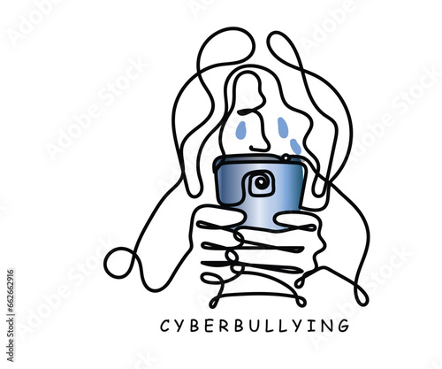  line art of cyber bullying. Key board warriors concept. Negative impact of social media concept. Isolated vector art.