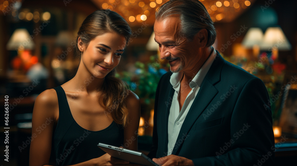 Una feliz recepcionista habla con un cliente de hotel y hace una reserva en una tableta.