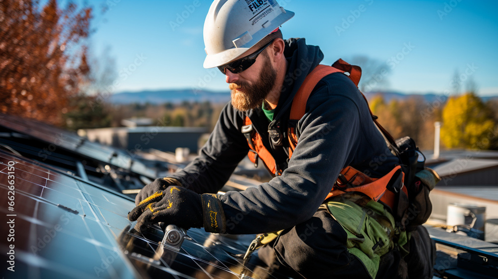 Trabajador instalando paneles solares en el tejado. - obrazy, fototapety, plakaty 