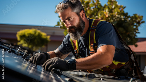 Trabajador instalando paneles solares en el tejado. © Eva