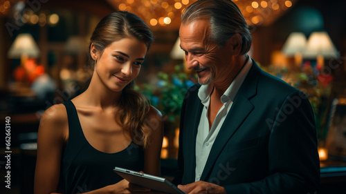 Una feliz recepcionista habla con un cliente de hotel y hace una reserva en una tableta. photo