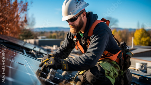 Trabajador instalando paneles solares en el tejado. photo