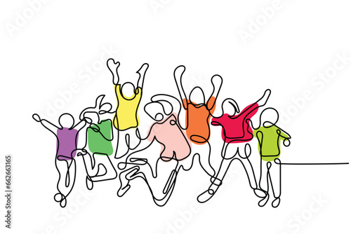 Continuous line art of a group of kids going to school or back to school. happy kid