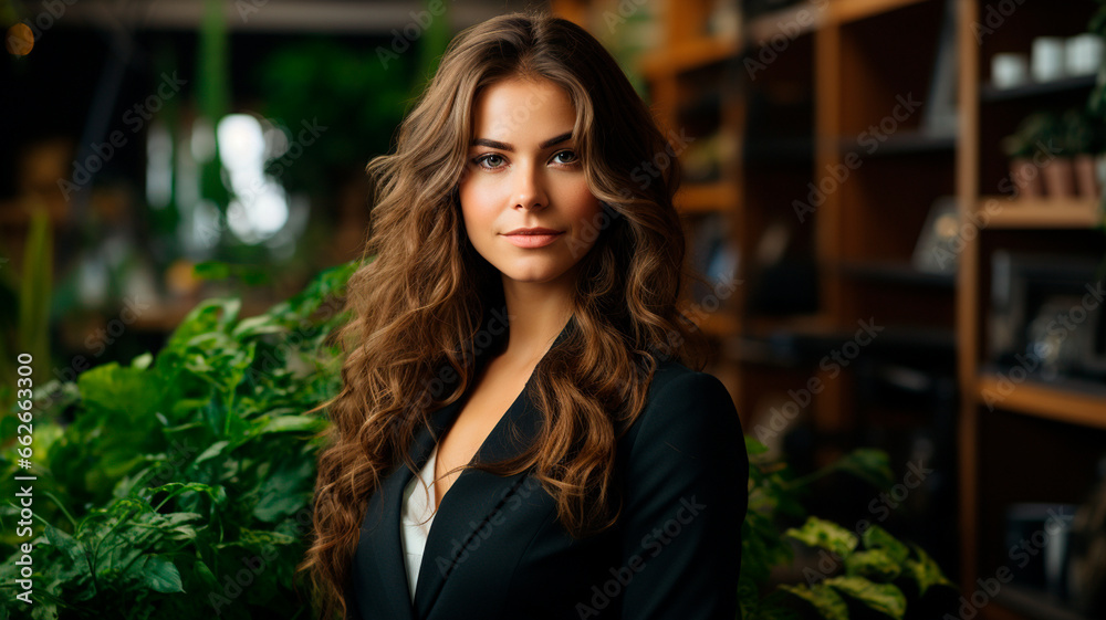 Retrato de mujer profesional con traje. Mujer de negocios de pie en una oficina. Retrato de mujer profesional con traje. Mujer de negocios de pie en una oficina.