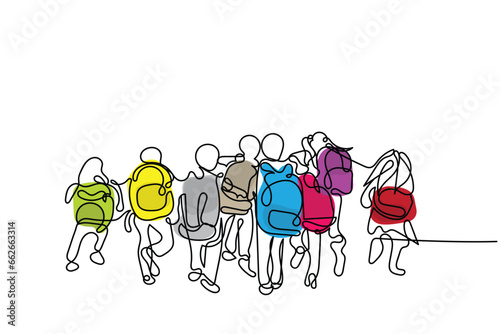 Continuous line art of a group of kids going to school or back to school. happy kid