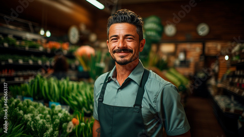 Sonriente joven trabajador de supermercado mirando a la cámara, con productos frescos en el fondo. © Eva