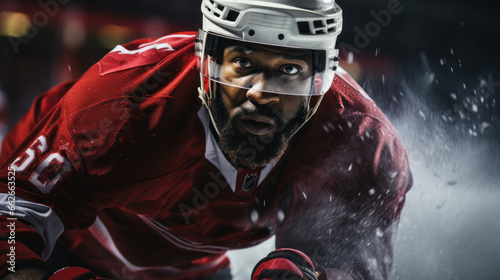 African american hockey player wear red uniform in action on ice court. Close-up. photo