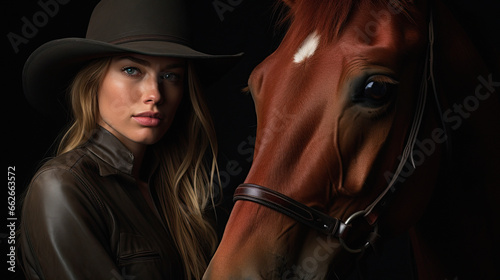 modern woman dressed as a cowboy next to a horse