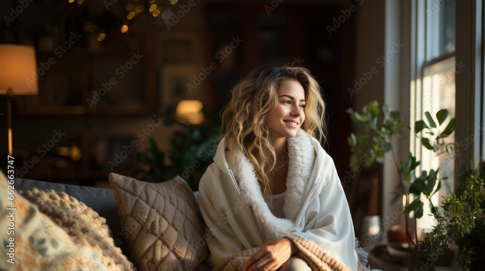 Beautiful blonde woman wrapped in warm blanket sitting on sofa at home and looking at window. - obrazy, fototapety, plakaty 