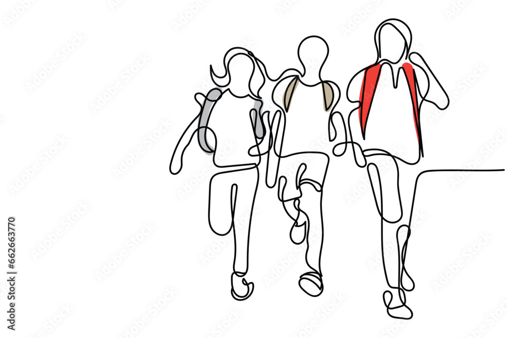 Continuous line art of a group of kids going to school or back to school. happy kid Continuous line art of a group of kids going to school or back to school. happy kid