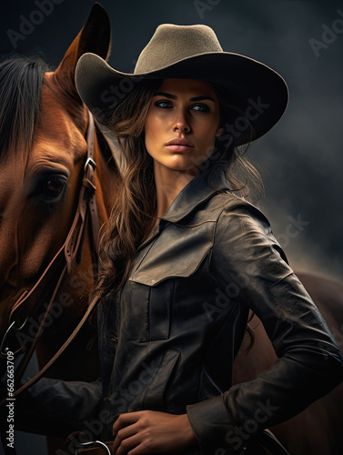 modern woman dressed as a cowboy next to a horse © ZoomTeam