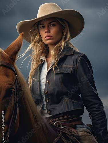 modern woman dressed as a cowboy next to a horse © ZoomTeam