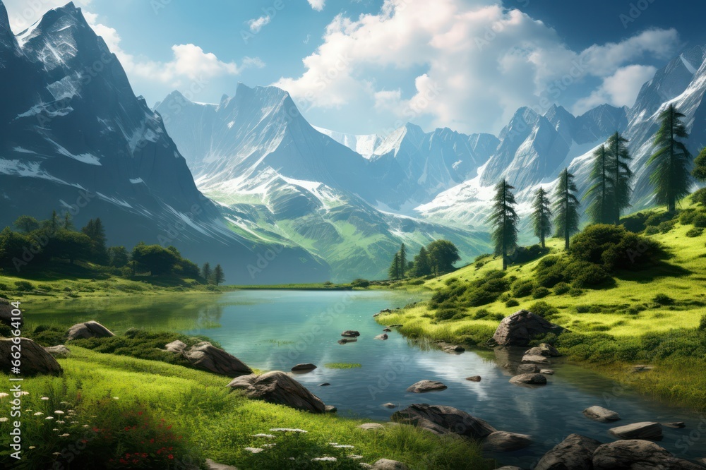 green peaceful landscape with lake in the mountains