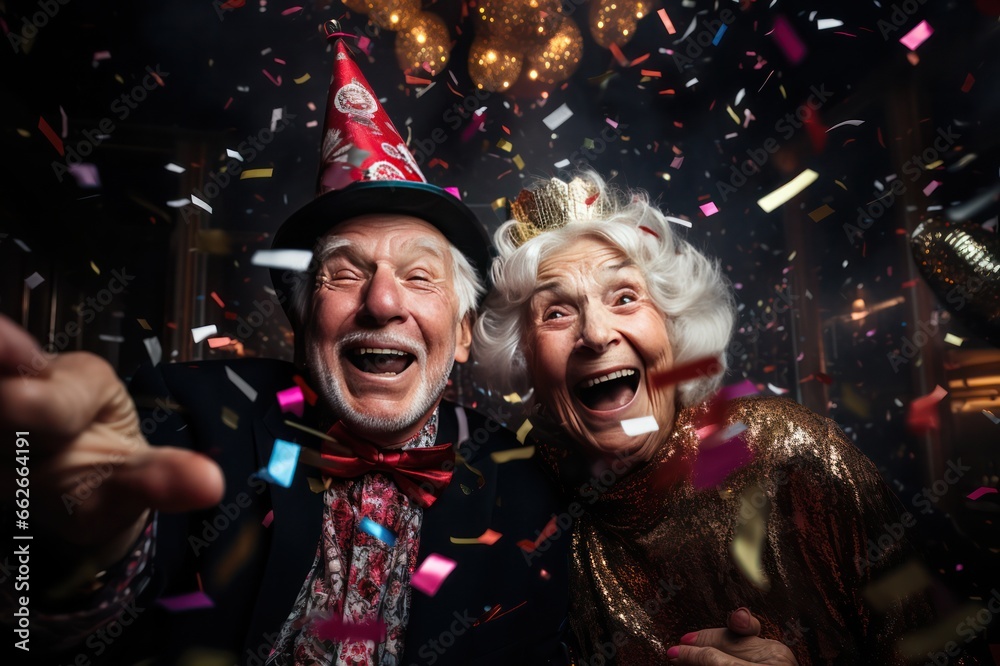 Happy senior couple at New year party with confetti, laughing and smiling. Fun aging and cheerful retirement concept. Happy senior couple at New year party with confetti, laughing and smiling. Fun aging and cheerful retirement concept.