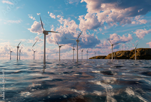 Wind farms in open water with cloudy day, Net zero concept. 3D rendering
