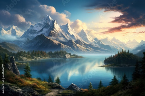 lake in the mountains at sunrise or sunset.Peaceful tranquil glacier illustration.