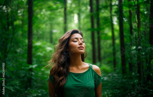 Relaxed woman breathing fresh air in a green forest. Model for advertising, advert, ad, ads with nature background. Selective focus portrait. Brunette girl with long and wavy hair, beautiful face.