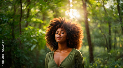 Relaxed woman breathing fresh air in a green forest. Model for advertising, advert, ad, ads with nature background. Selective focus portrait. African american girl with afro dark hair, beautiful face.