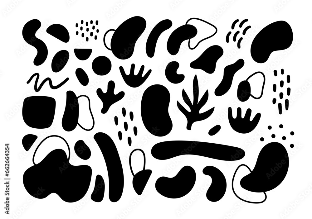 Abstract geometric shapes. Vector Hand drawn various shapes and doodle objects. Abstract contemporary modern style elements. Trendy black and white illustration. Stamp texture.
