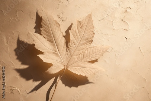 Autumn maple leaf monochrome beige background. Minimal fall aesthetics with copy space.