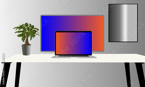 Laptop on dask and plants, home work place, working on laptop, work from home and work from anywhere, flat vector illustration photo
