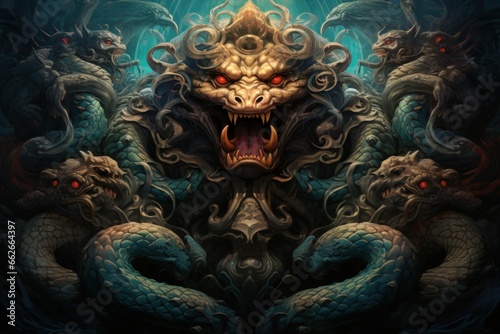 Ancient sea serpents, guardians of hidden treasures beneath the ocean depths - Generative AI