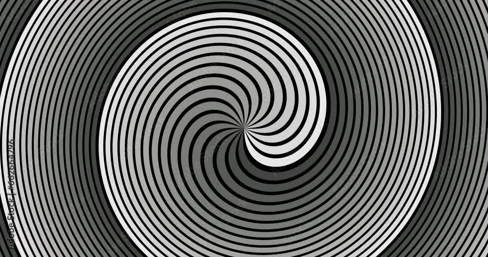 4k retro seamless looping spiral background. Optical illusion. Modern black white striped pattern. Circular swirl geometric tunnel Monochrome hypnotic psychedelic vintage BG. 60s 70s rotation template