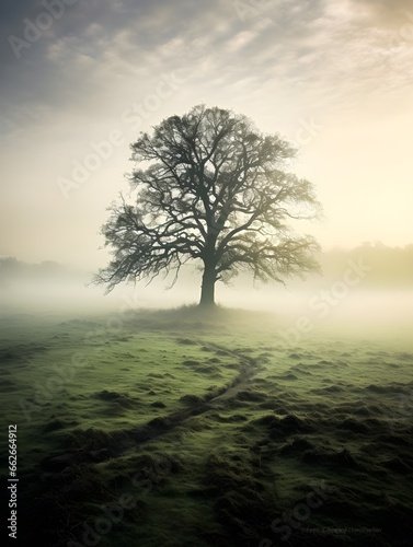 tree in the mist, fog, Ai generated  © Jiiya 